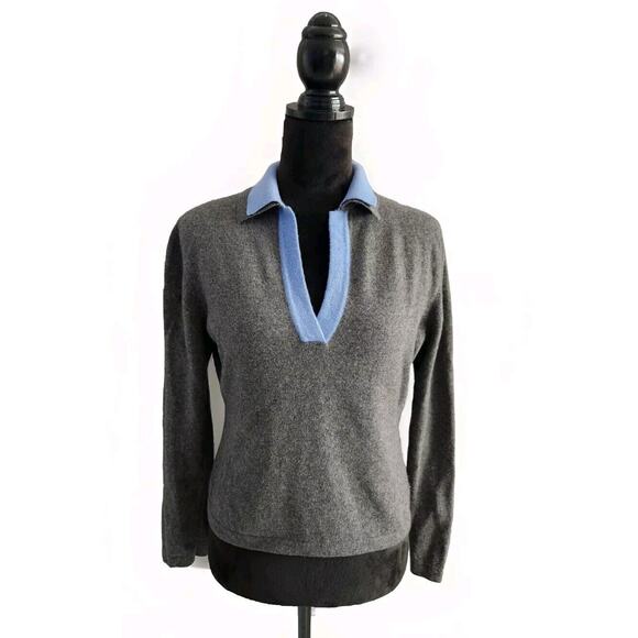 lamberto losani Women's Double Collar V-neck Gray & Blue Cashmere Sweater Size L - Picture 1 of 6